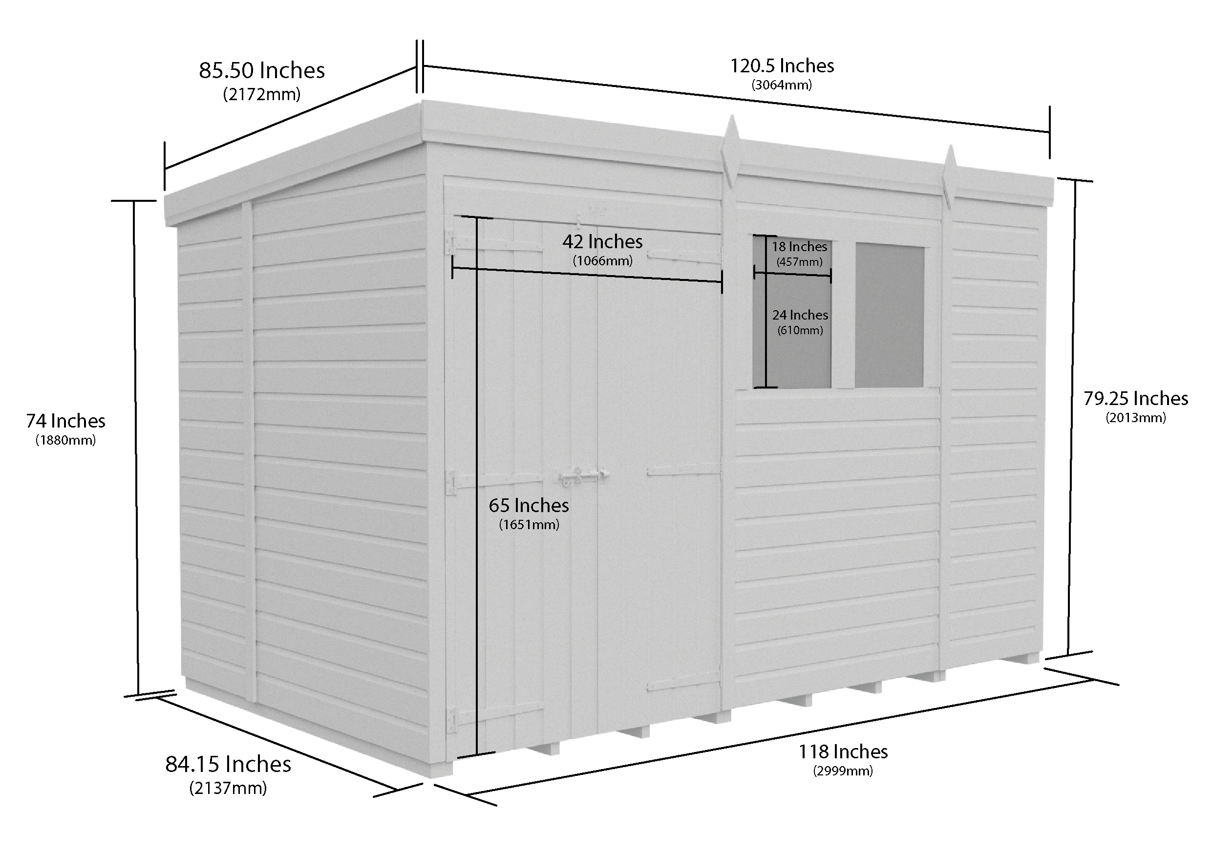 10 x 7 Pent Shed (Double Door, With Windows)