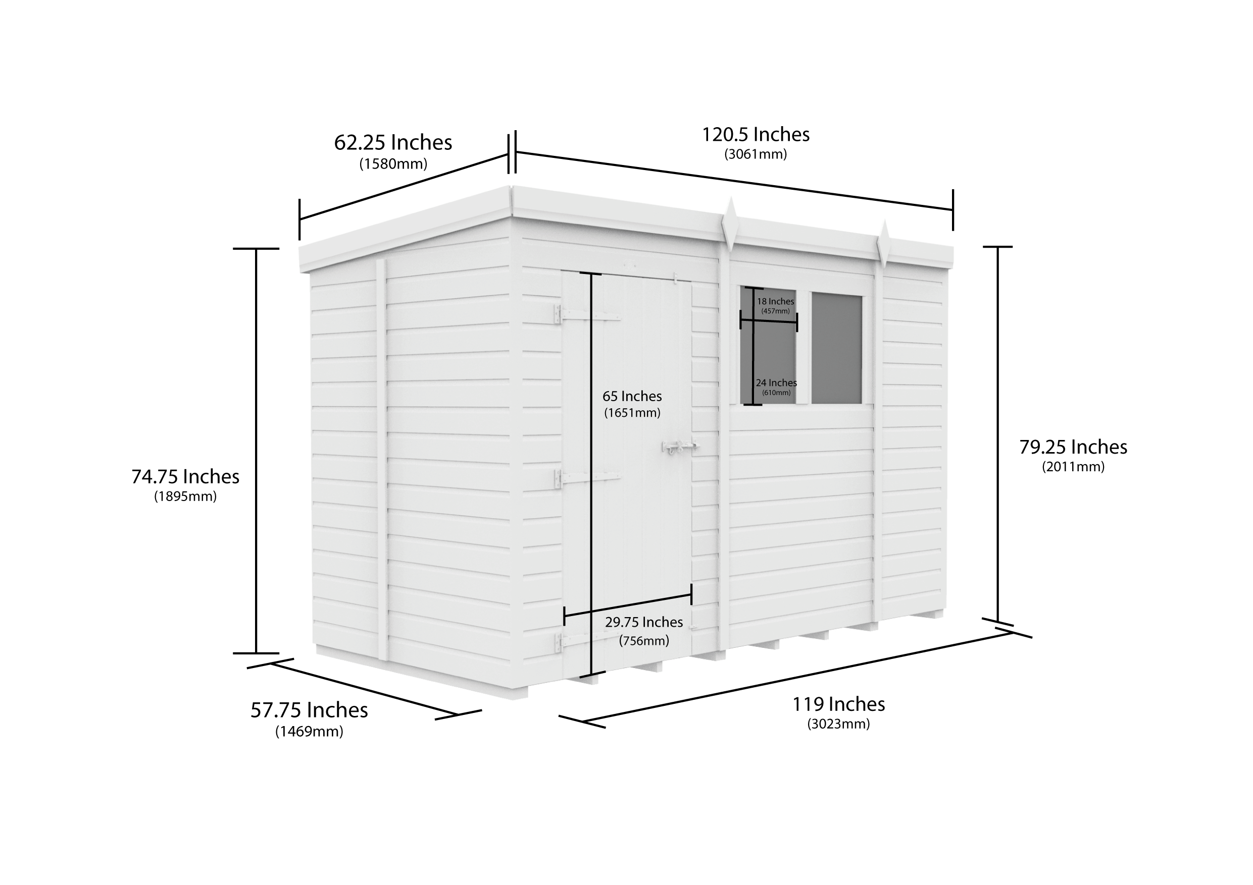 10 x 5 Pent Shed (Single Door, With Windows)