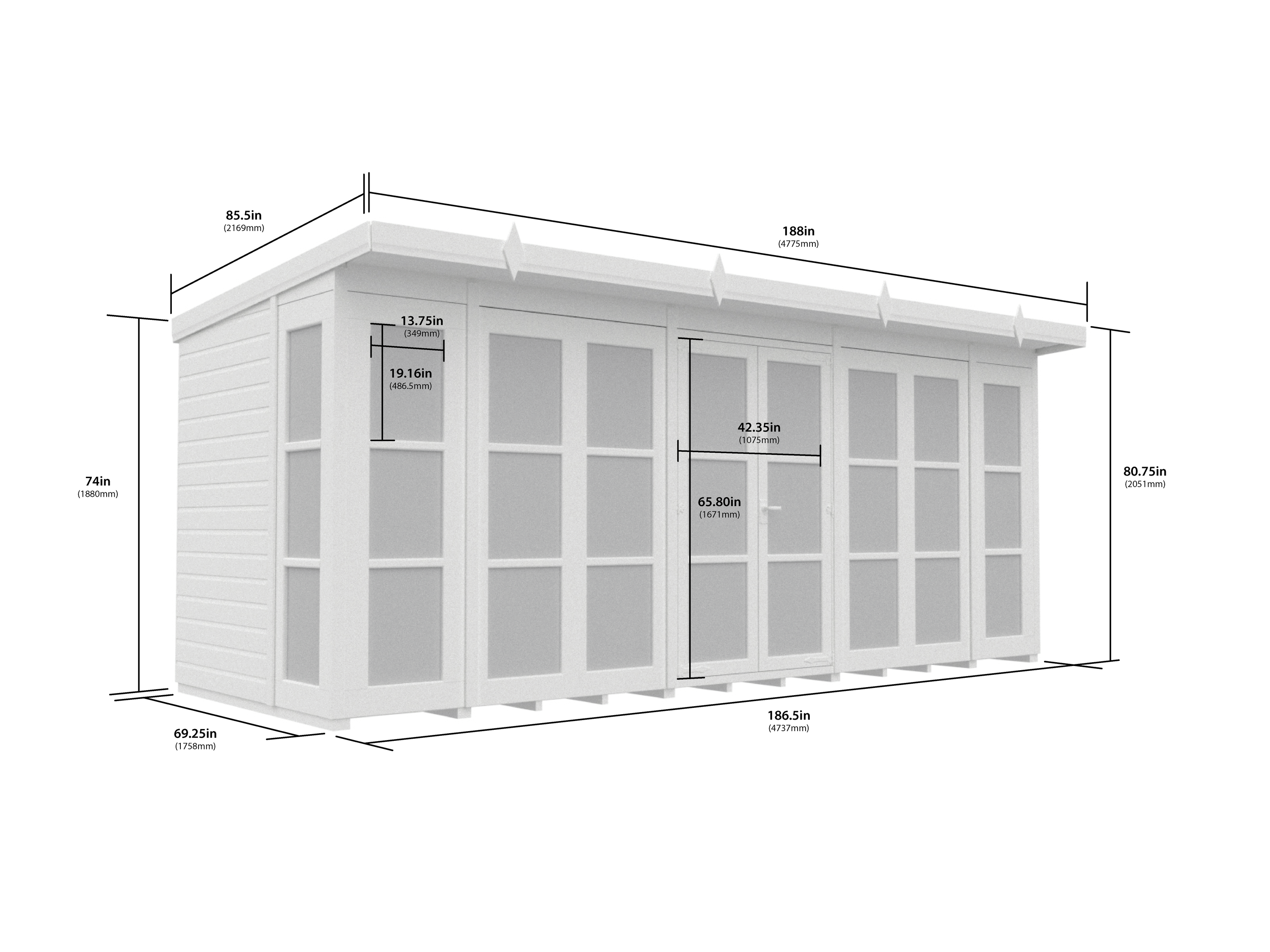 16 x 6 Georgian Window Pent Summer House