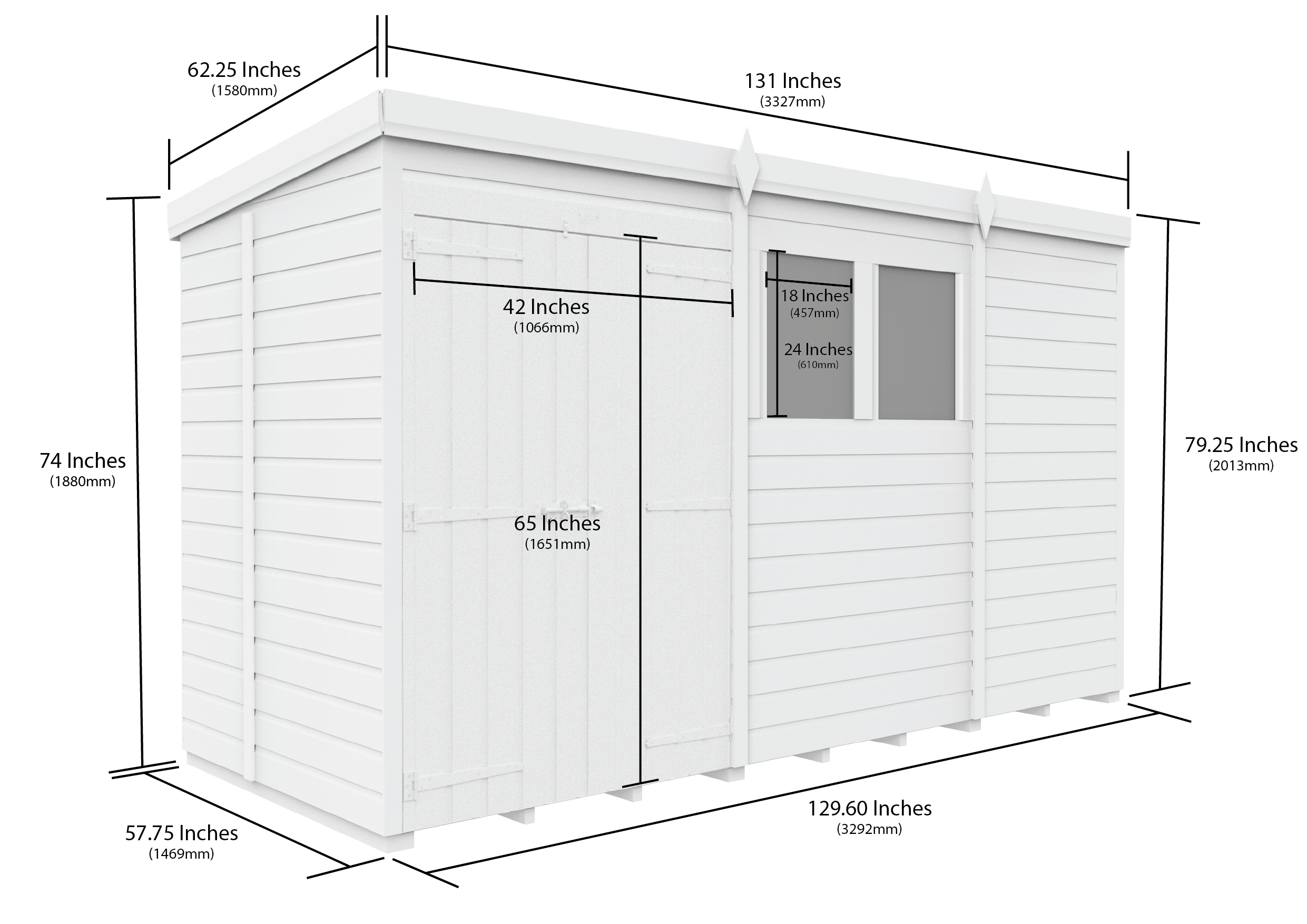 11 x 5 Pent Shed (Double Door, With Windows)