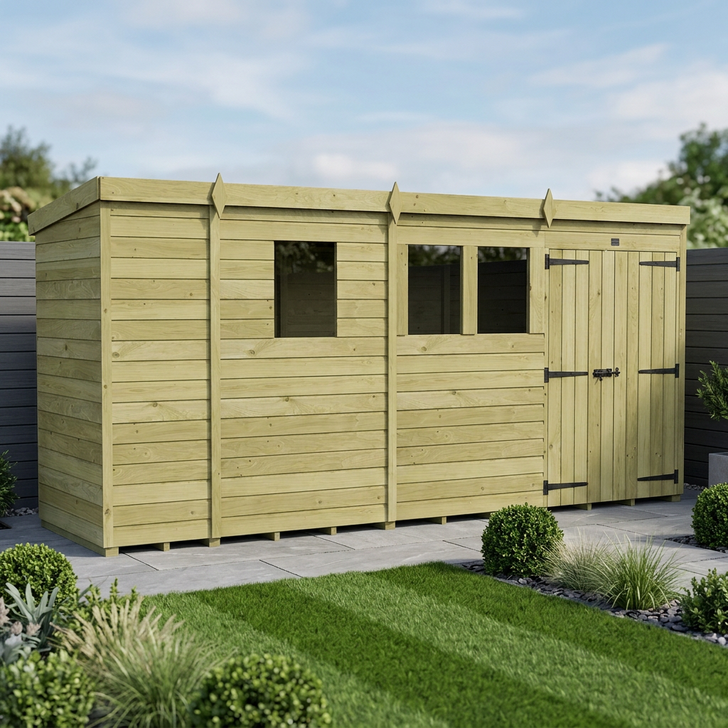 13 x 4 Pent Shed (Double Door, With Windows)