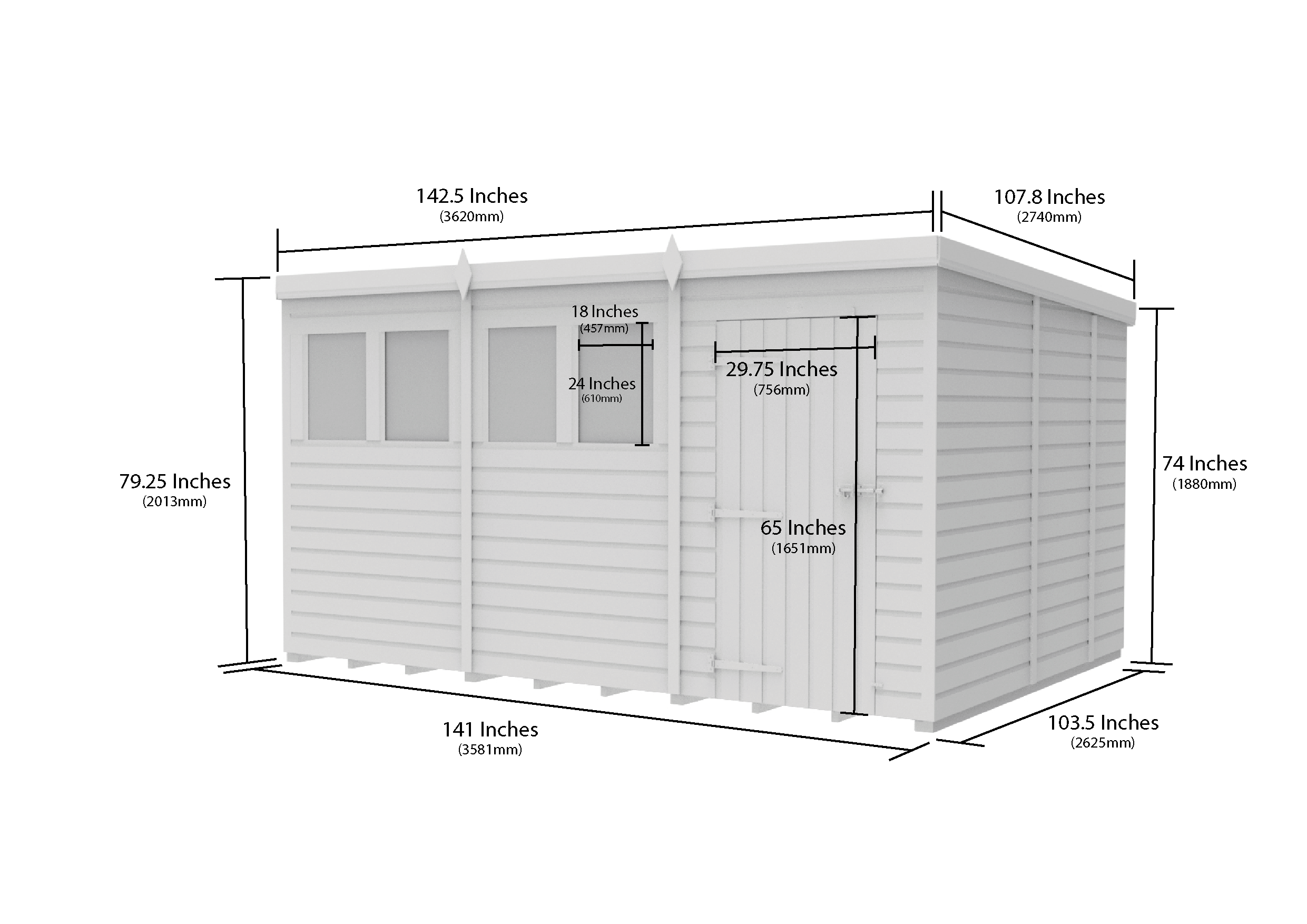 12 x 9 Pent Shed (Single Door, With Windows)
