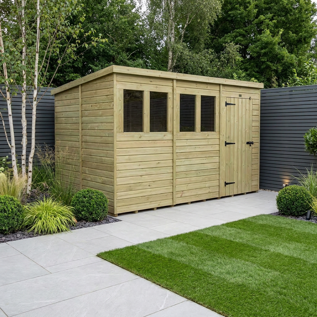 12 x 9 Pent Shed (Single Door, With Windows)