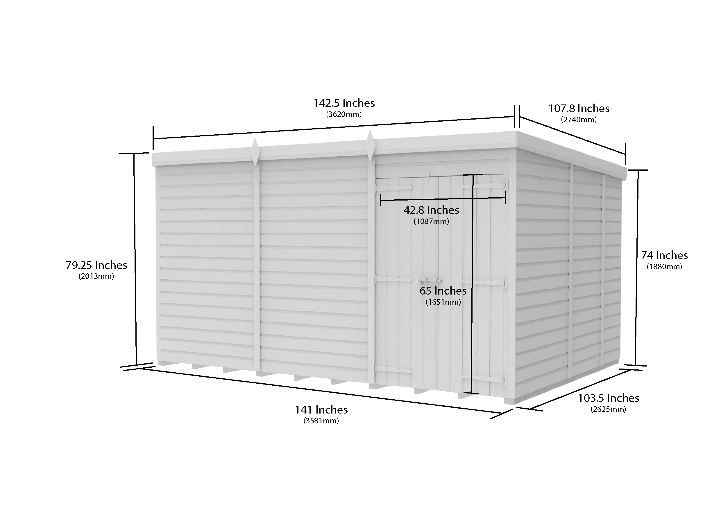 12 x 9 Pent Shed (Double Door, No Windows)