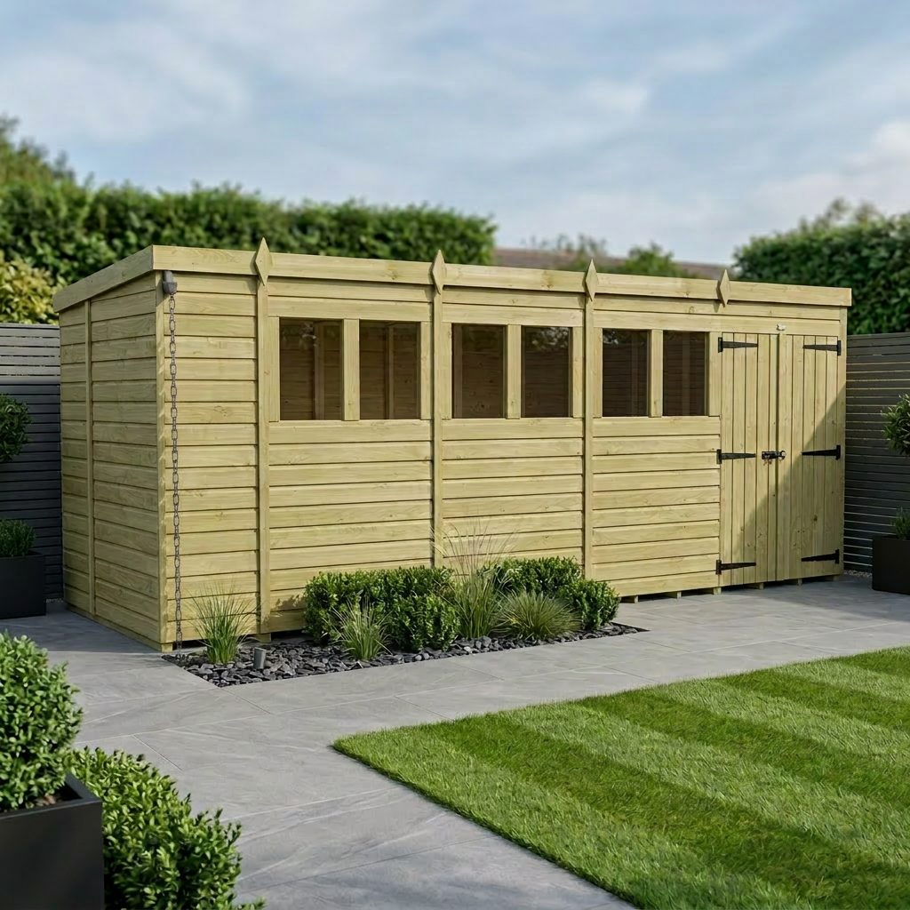 19 x 5 Pent Shed (Double Door, With Windows)