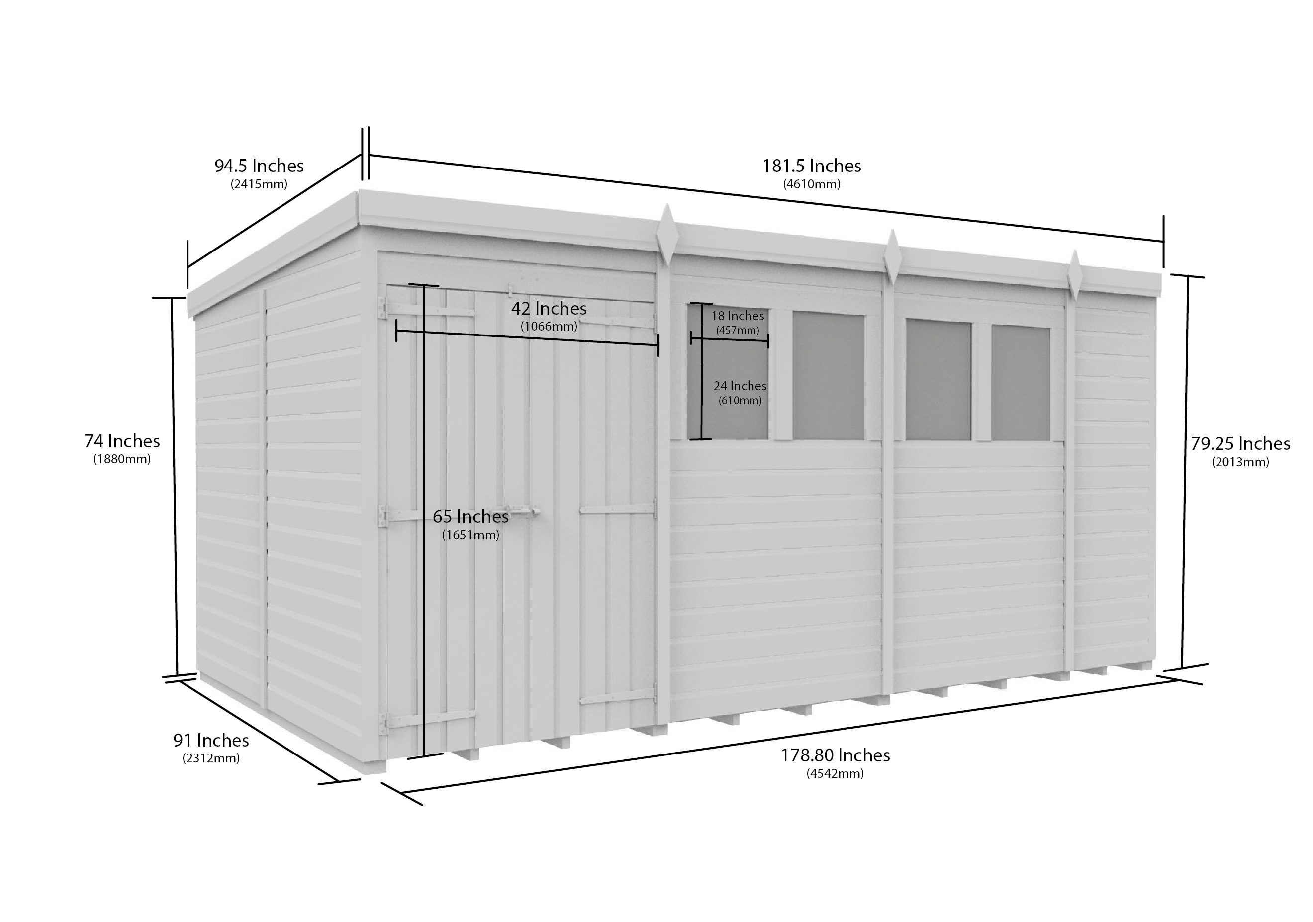 15 x 8 Pent Shed (Double Door, With Windows)