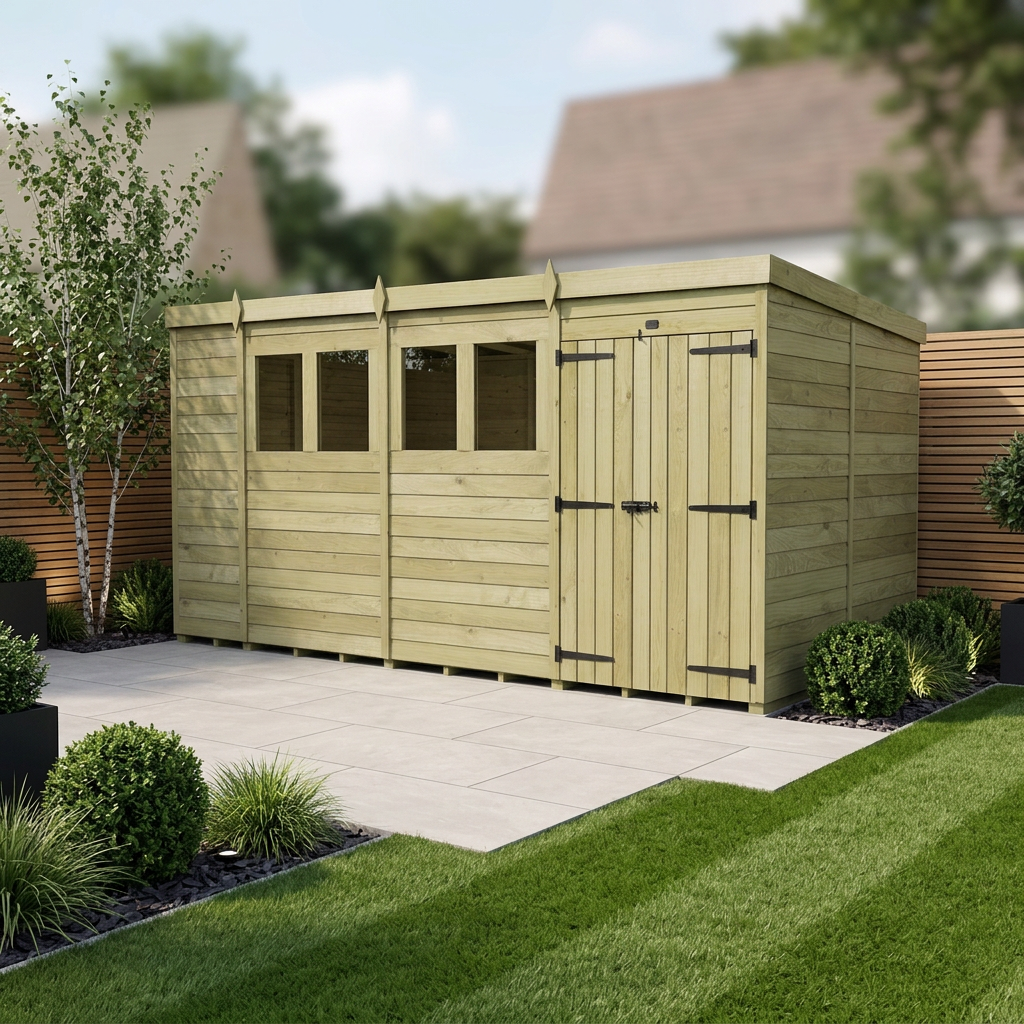 14 x 7 Pent Shed (Double Door, With Windows)
