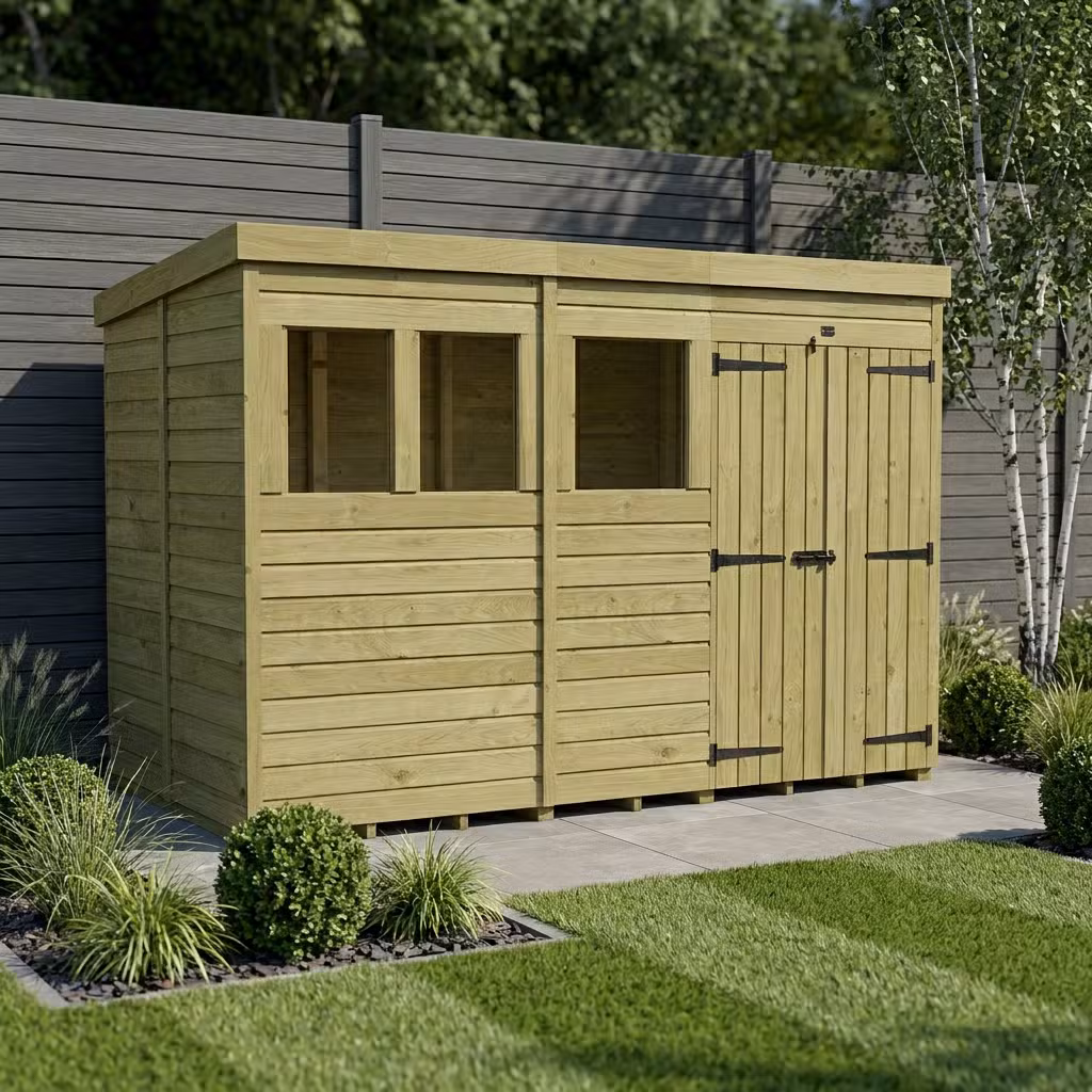 12 x 6 Pent Shed (Double Door, With Windows)