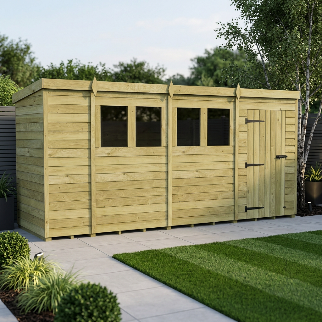 14 x 4 Pent Shed (Single Door, With Windows)