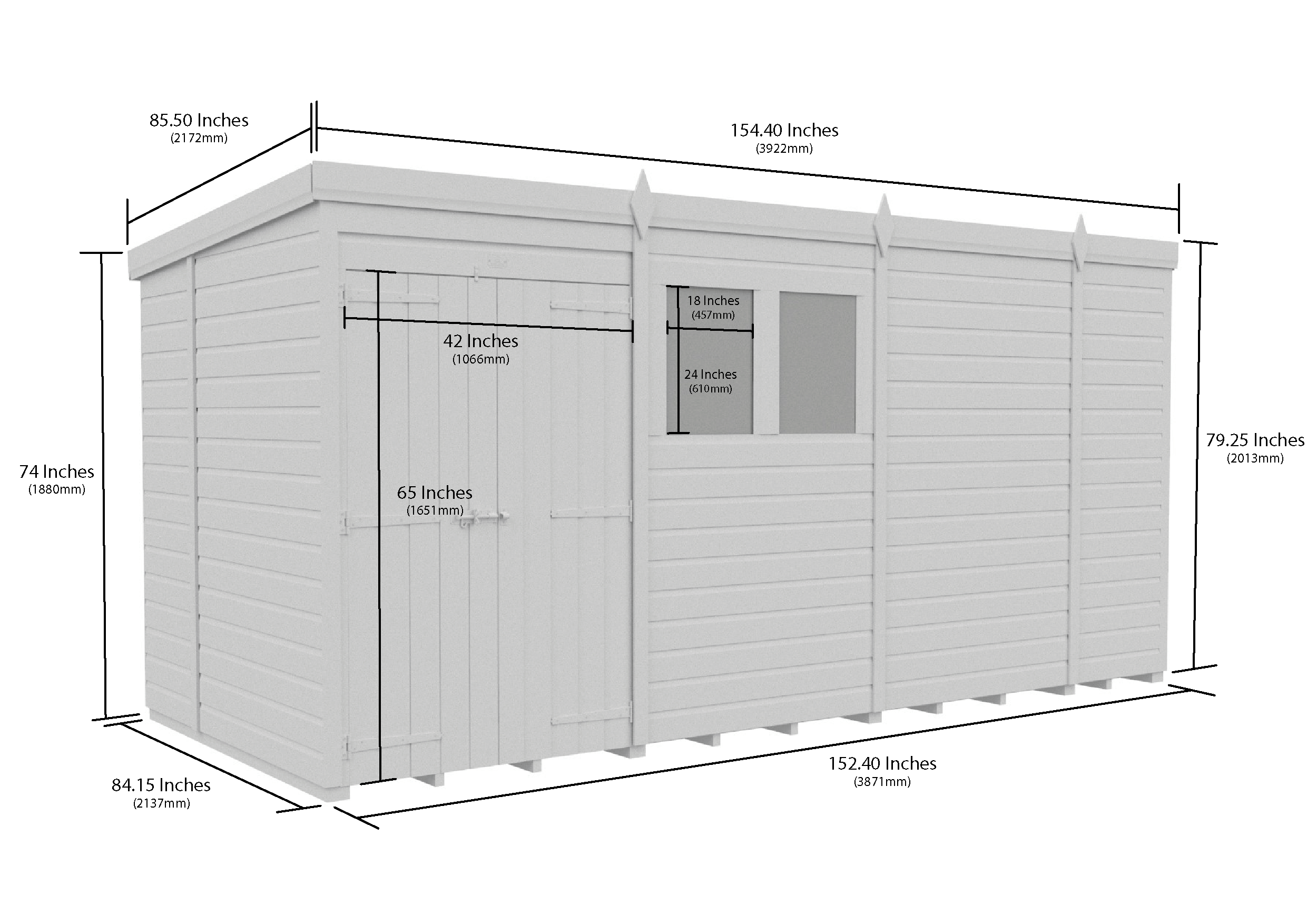 13 x 7 Pent Shed (Double Door, With Windows)