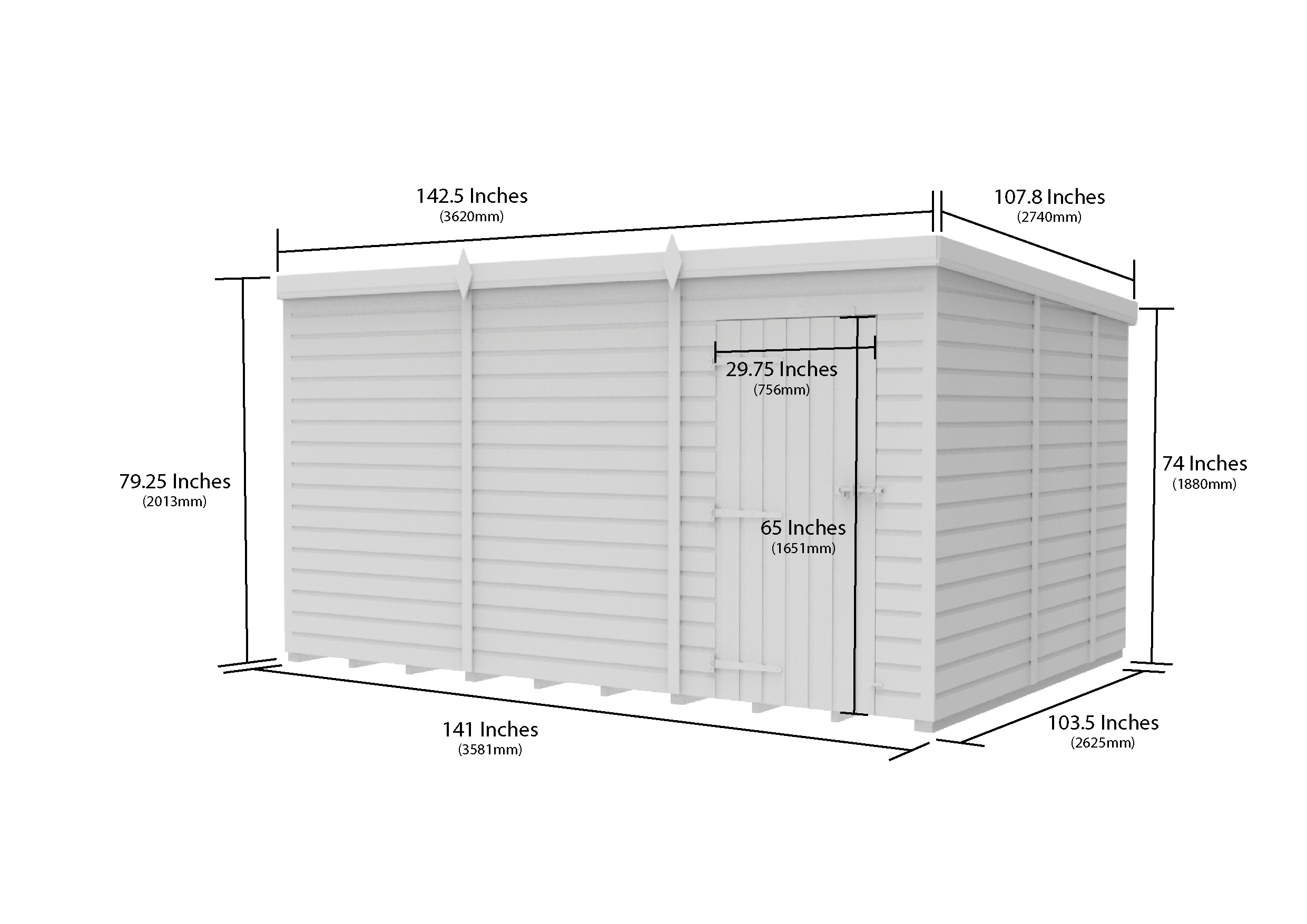 12 x 9 Pent Shed (Single Door, No Windows)