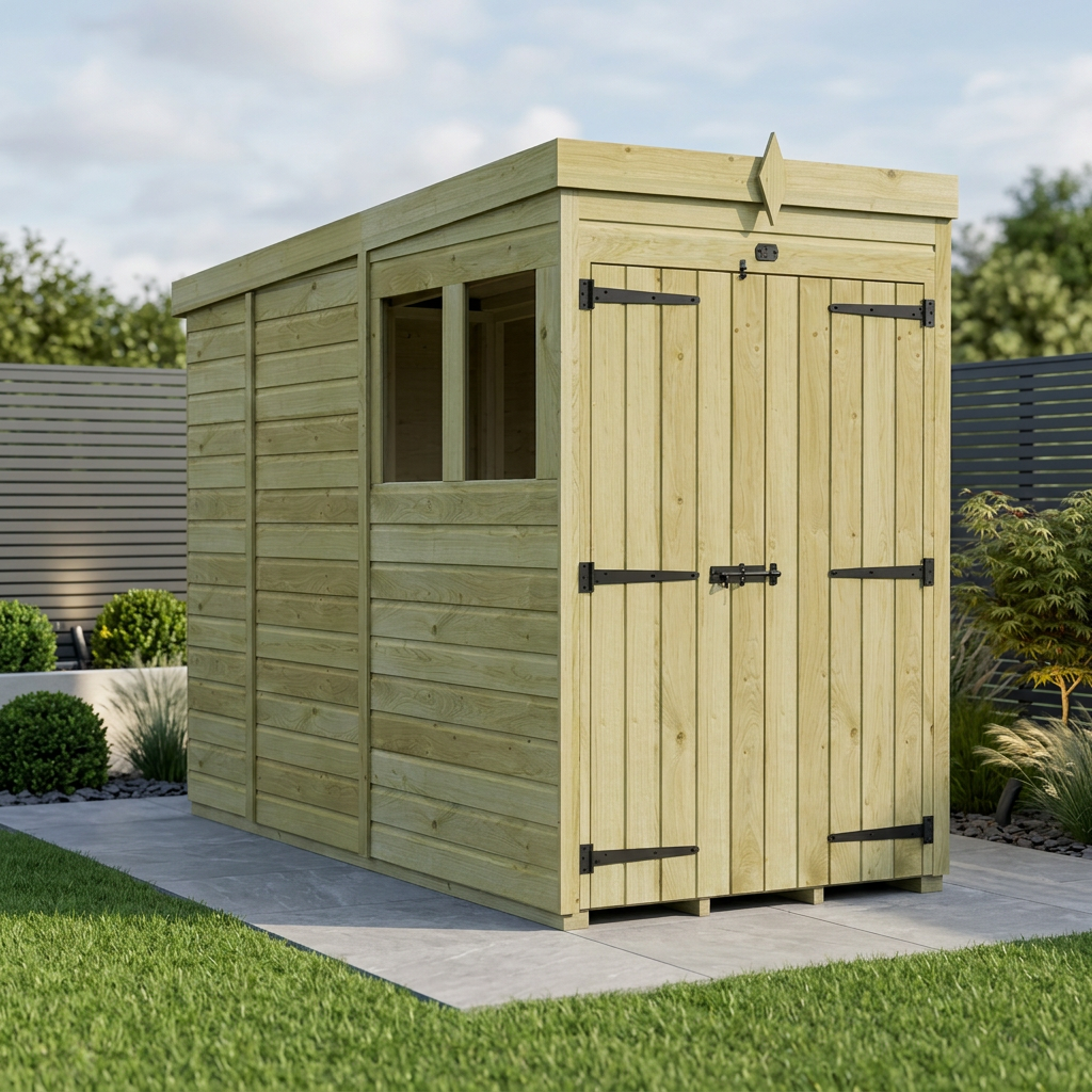 4 x 9 Pent Shed (Double Door, With Windows)