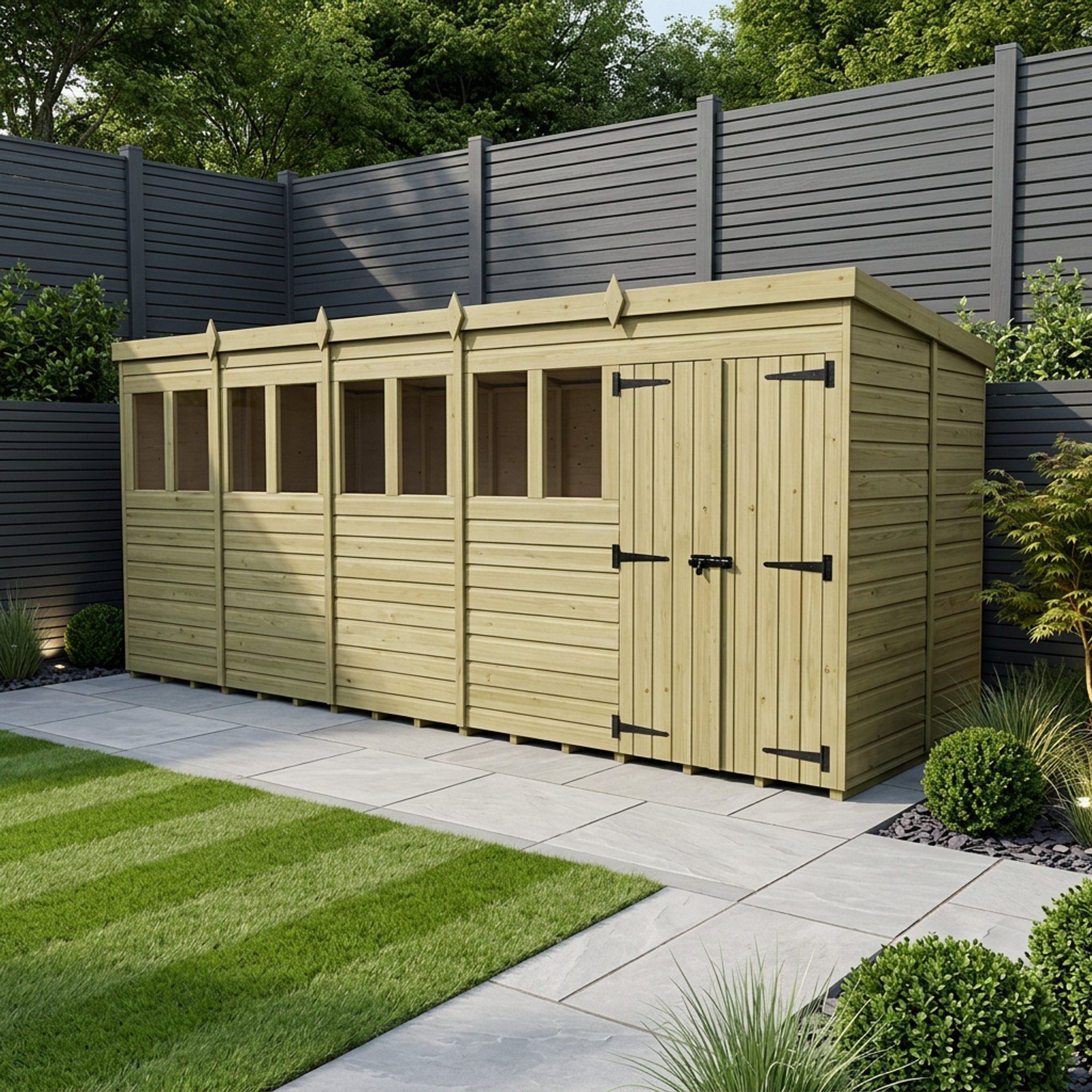 20 x 6 Pent Shed (Double Door, With Windows)