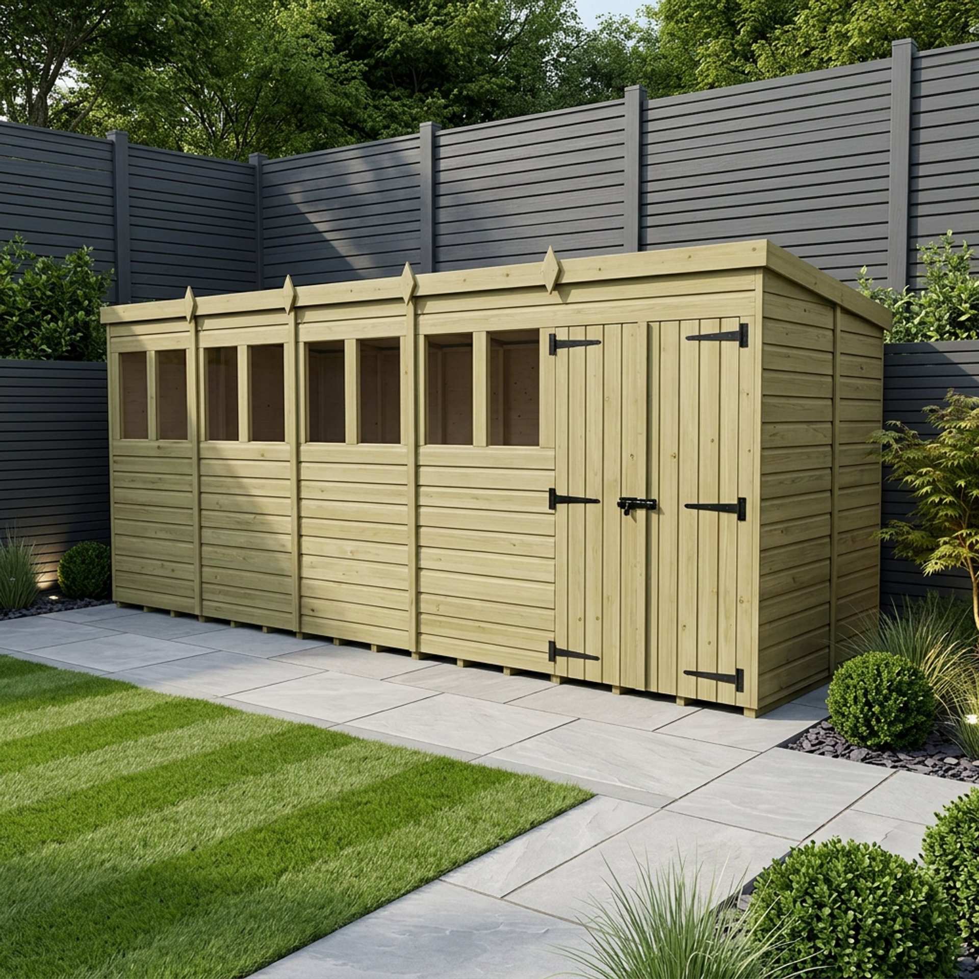 20 x 6 Pent Shed (Double Door, With Windows)