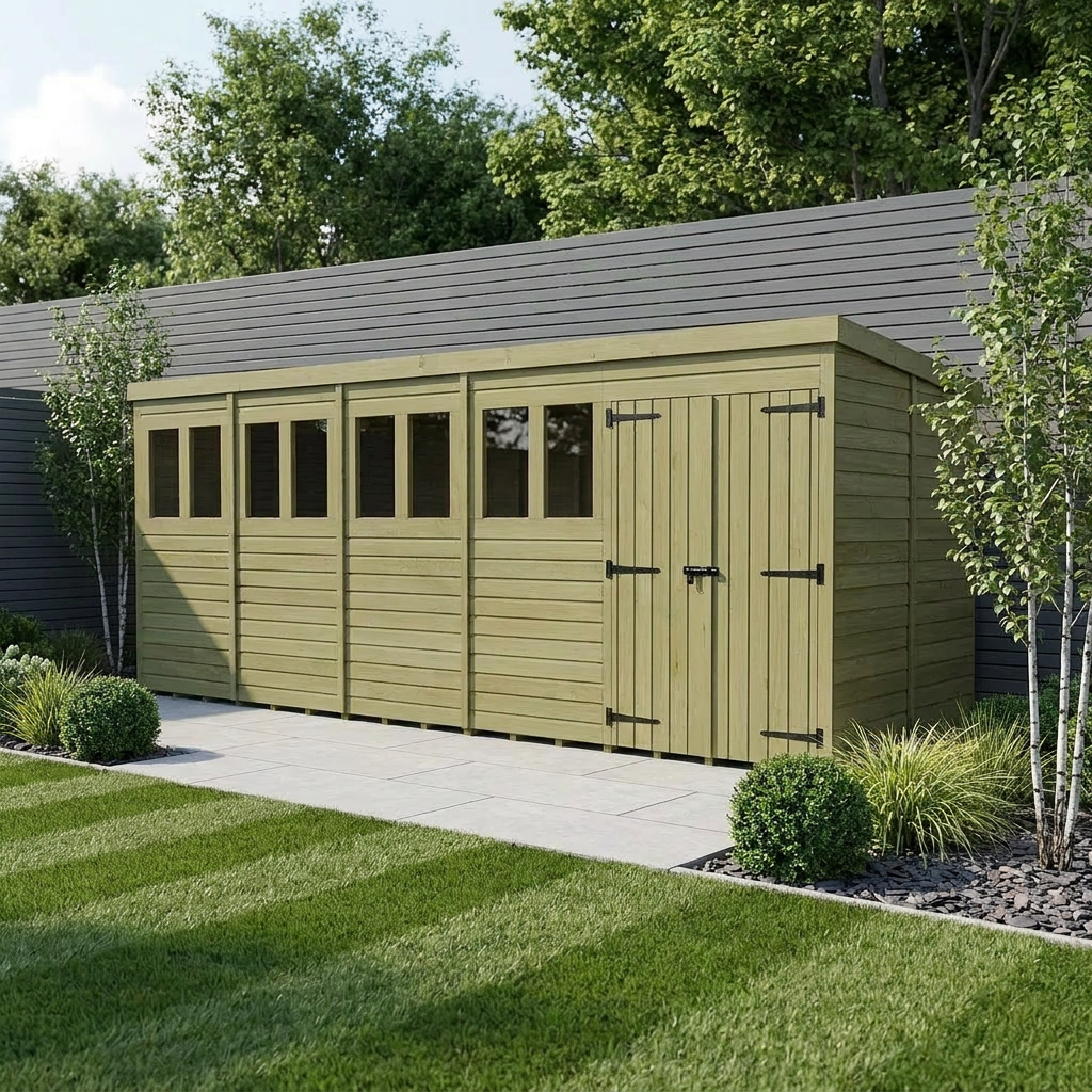 20 x 6 Pent Shed (Double Door, With Windows)