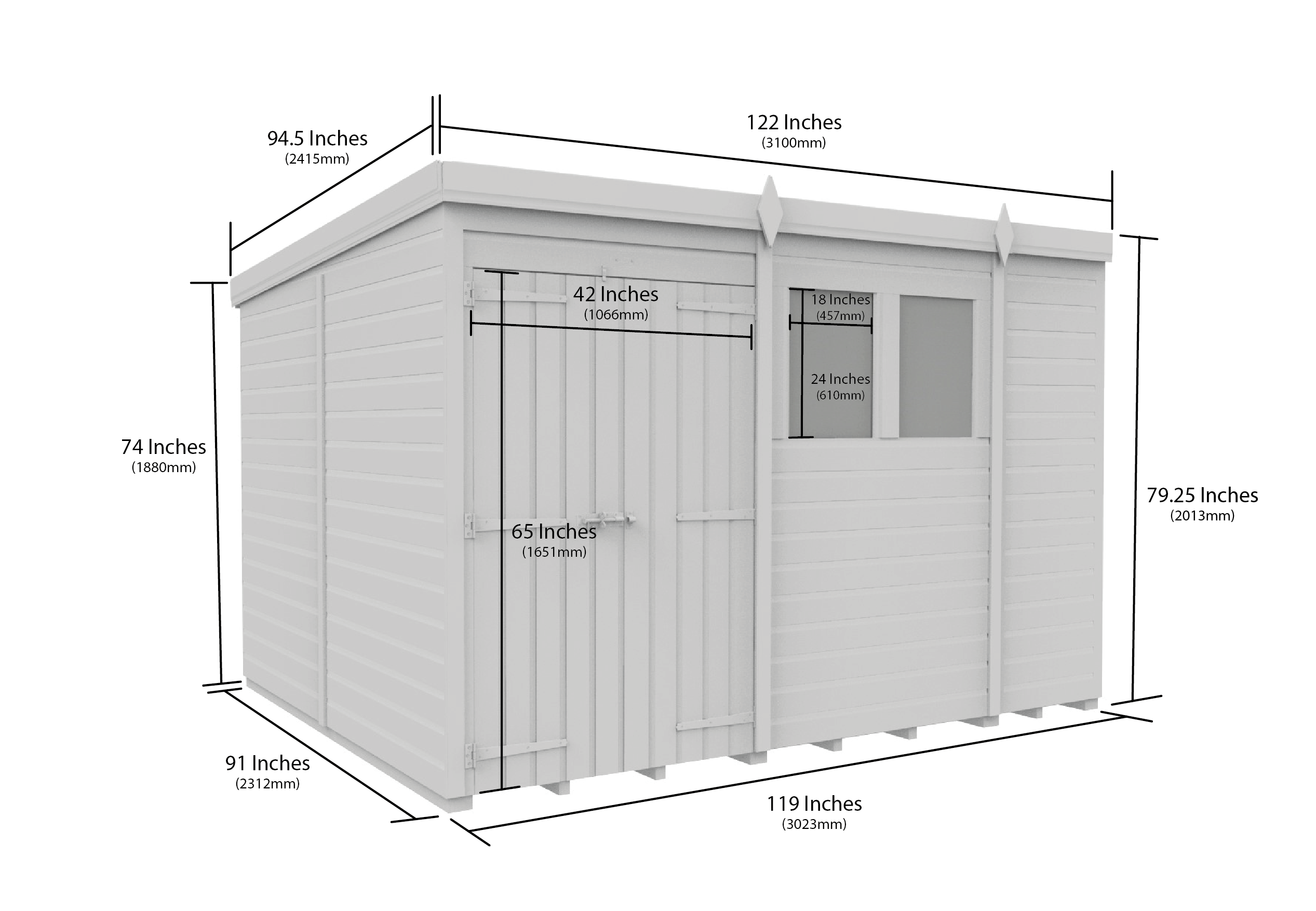 10 x 8 Pent Shed (Double Door, With Windows)