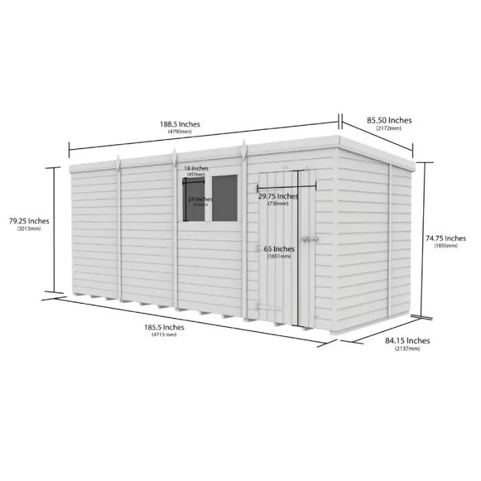 16 x 7 Pent Shed (Single Door, With Windows)
