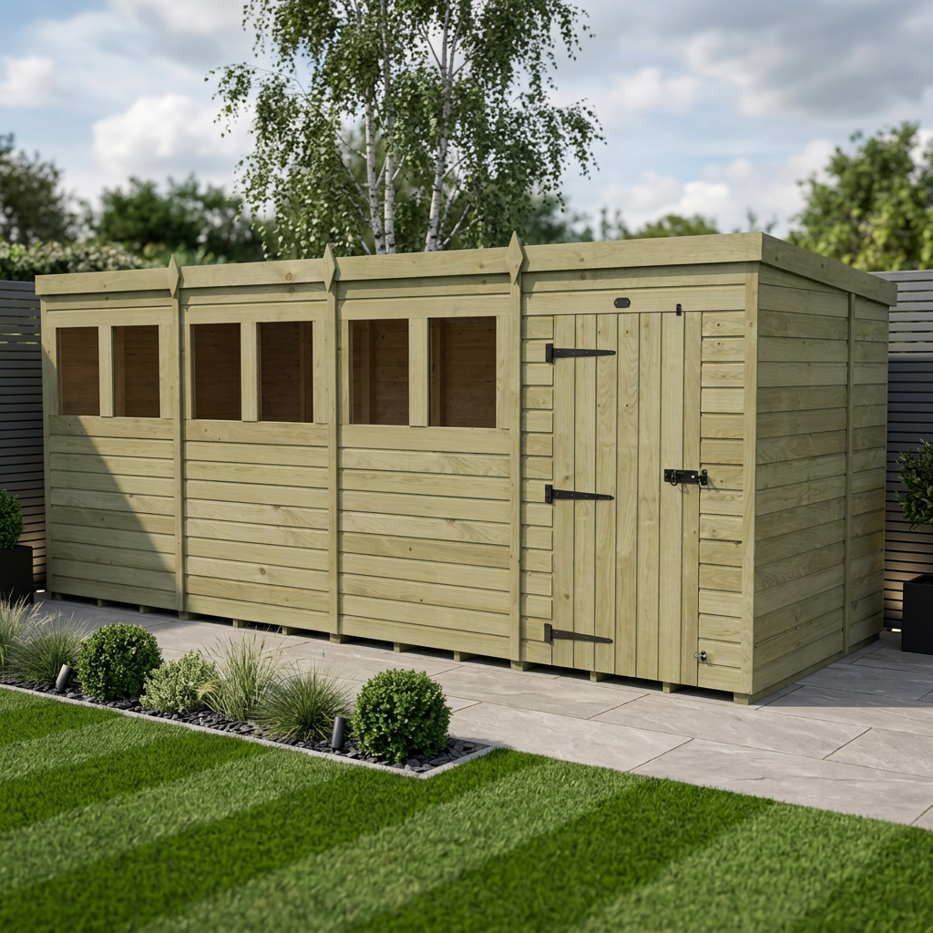 16 x 7 Pent Shed (Single Door, With Windows)