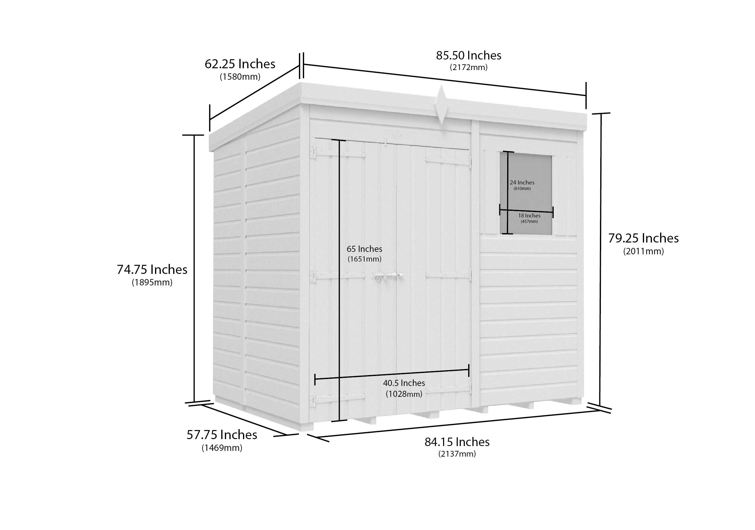 7 x 5 Pent Shed (Double Door, With Windows)