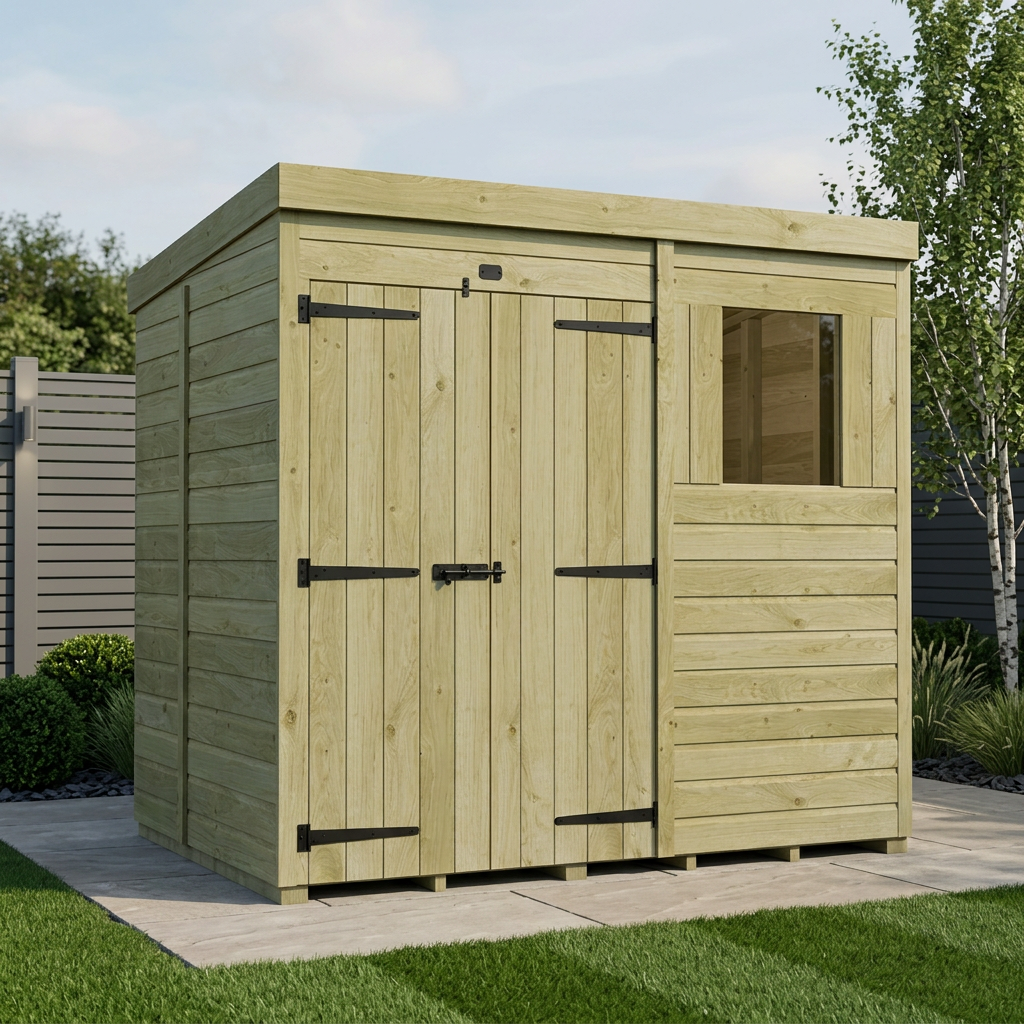 7 x 5 Pent Shed (Double Door, With Windows)